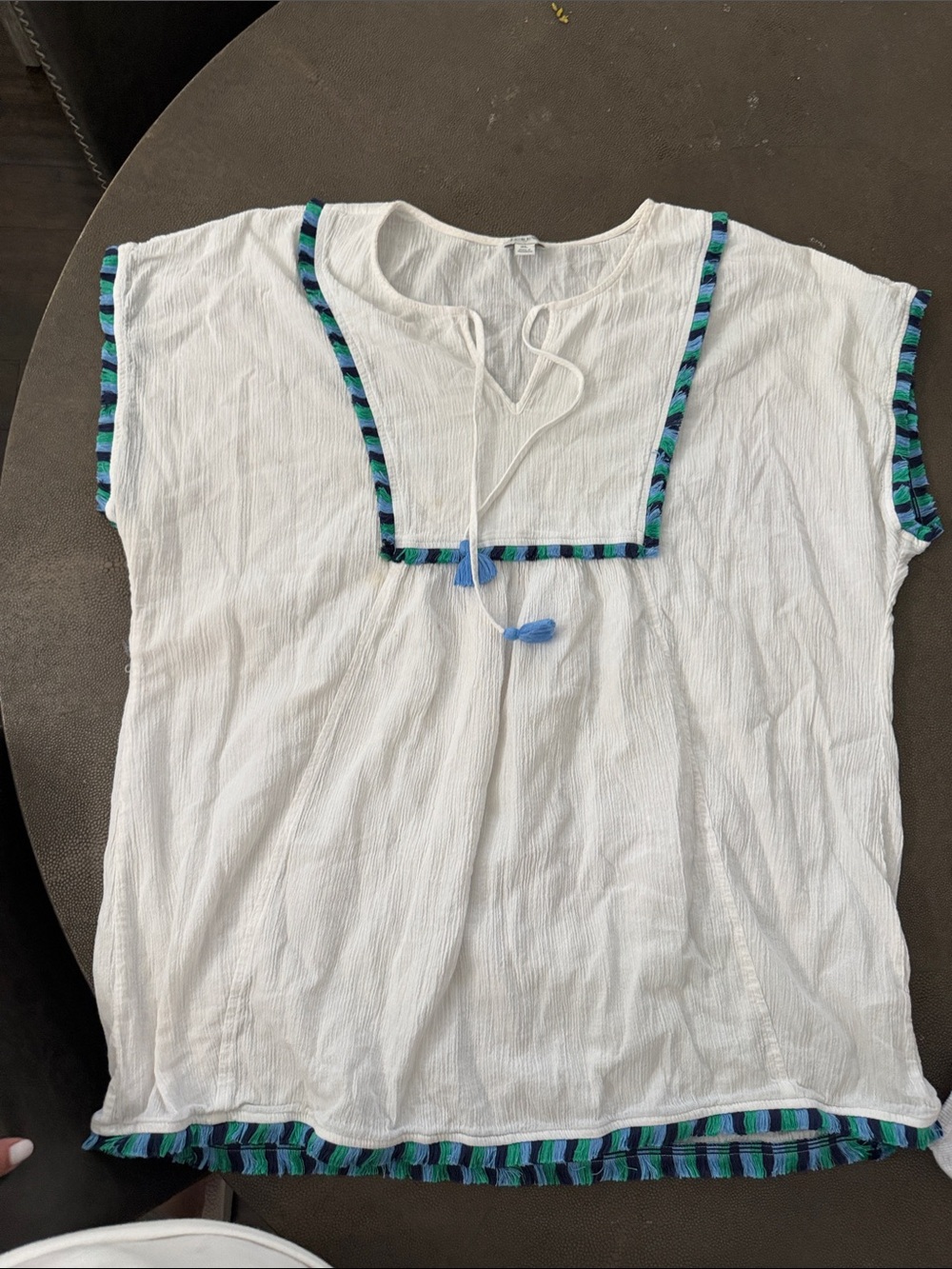 J. Crew White Peasant Tunic with Blue and Teal Trim